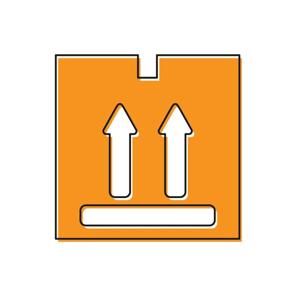 Boîte en carton orange avec icône de symbole de circulation isolée sur fond blanc. Boîte, paquet, panneau de colis. Livraison, transport et expédition. Illustration vectorielle — Image vectorielle