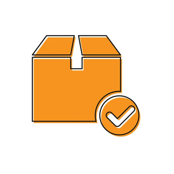 Оранжевая коробка с галочкой на белом фоне. Упаковка с галочкой. Утвержденная поставка или успешное получение пакета. Векторная миграция — стоковый вектор