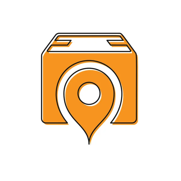 Pomarańczowa lokalizacja z ikoną pudełka kartonowego na białym tle. Usługi dostawcze, logistyka i transport, relokacja, dystrybucja. Ilustracja wektorowa — Wektor stockowy