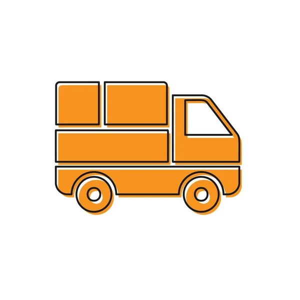Orangefarbener Lieferwagen mit Pappkartons hinter dem Symbol auf weißem Hintergrund. Vektorillustration — Stockvektor