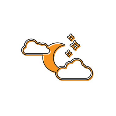 Turuncu Bulut ay ve yıldız simgesi beyaz arka plan üzerinde izole ile. Bulutlu gece işareti. Uyku rüyaları sembolü. Gece ya da yatak saati işareti. Vektör İllüstrasyonu