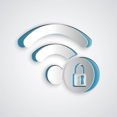 Kağıt kesilmiş Wifi kilitli işaret simgesi gri arka plan üzerinde izole. Şifre Wi-fi simgesi. Kablosuz Ağ simgesi. Wifi bölgesi. Kağıt sanat tarzı. Vektör İllüstrasyonu