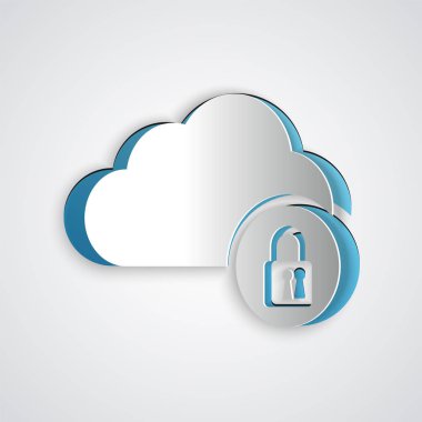 Kağıt kesme Bulut bilgi işlem kilidi simgesi gri arka planda yalıtılmış. Güvenlik, güvenlik, koruma konsepti. Kağıt sanat tarzı. Vektör İllüstrasyonu
