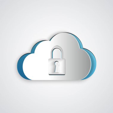 Kağıt kesme Bulut bilgi işlem kilidi simgesi gri arka planda yalıtılmış. Güvenlik, güvenlik, koruma konsepti. Kağıt sanat tarzı. Vektör İllüstrasyonu