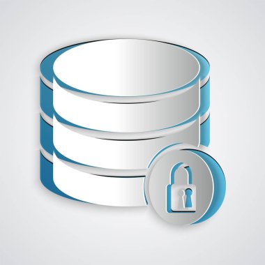 Kağıt, gri arka planda yalıtılmış kapalı asma kilit simgesiyle Sunucu güvenliğini keser. Veritabanı ve kilit. Güvenlik, güvenlik, koruma konsepti. Kağıt sanat tarzı. Vektör İllüstrasyonu