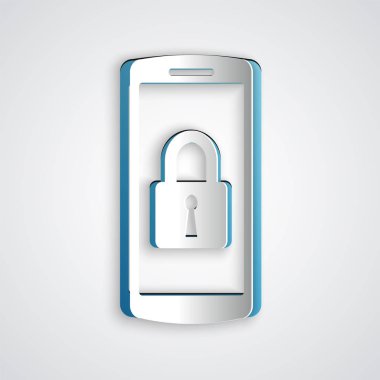 Kağıt gri arka plan üzerinde izole kapalı asma kilit simgesi ile Smartphone kesti. Kilitli telefon. Mobil güvenlik, güvenlik, koruma konsepti. Kağıt sanat tarzı. Vektör İllüstrasyonu