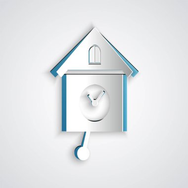 Kağıt kesilmiş Retro duvar saat simgesi gri arka plan üzerinde izole. Guguklu saat işareti. Antika sarkaçlı saat. Kağıt sanat tarzı. Vektör İllüstrasyonu