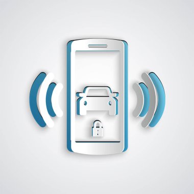 Kağıt kesilmiş Akıllı araba alarm sistemi simgesi gri arka plan üzerinde izole. Akıllı telefon kablosuz araç güvenliğini kontrol eder. Kağıt sanat tarzı. Vektör İllüstrasyonu