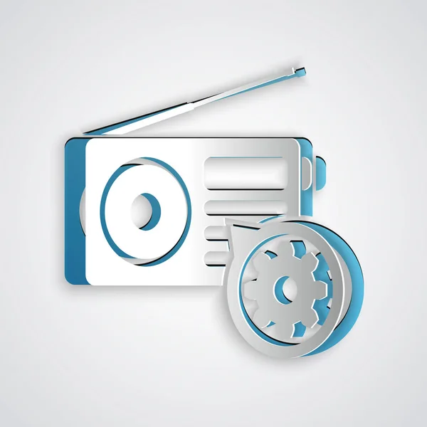 Paper cut Radio with antenna and gear icon isolated on grey background. Adjusting app, service concept, setting options, maintenance, repair, fixing. Paper art style. Vector Illustration — Stock Vector