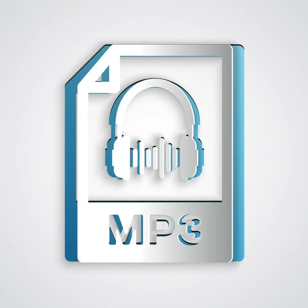 Paper cut MP3 file document. Download mp3 button icon isolated on grey background. Mp3 music format sign. MP3 file symbol. Paper art style. Vector Illustration — Stock Vector