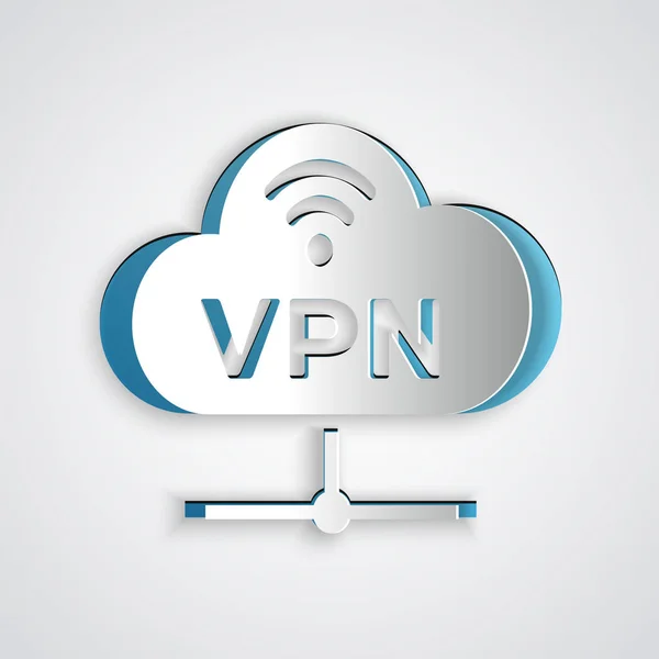 Paper cut VPN Network cloud connection icon isolated on grey background. Social technology. Cloud computing concept. Paper art style. Vector Illustration — Stock Vector