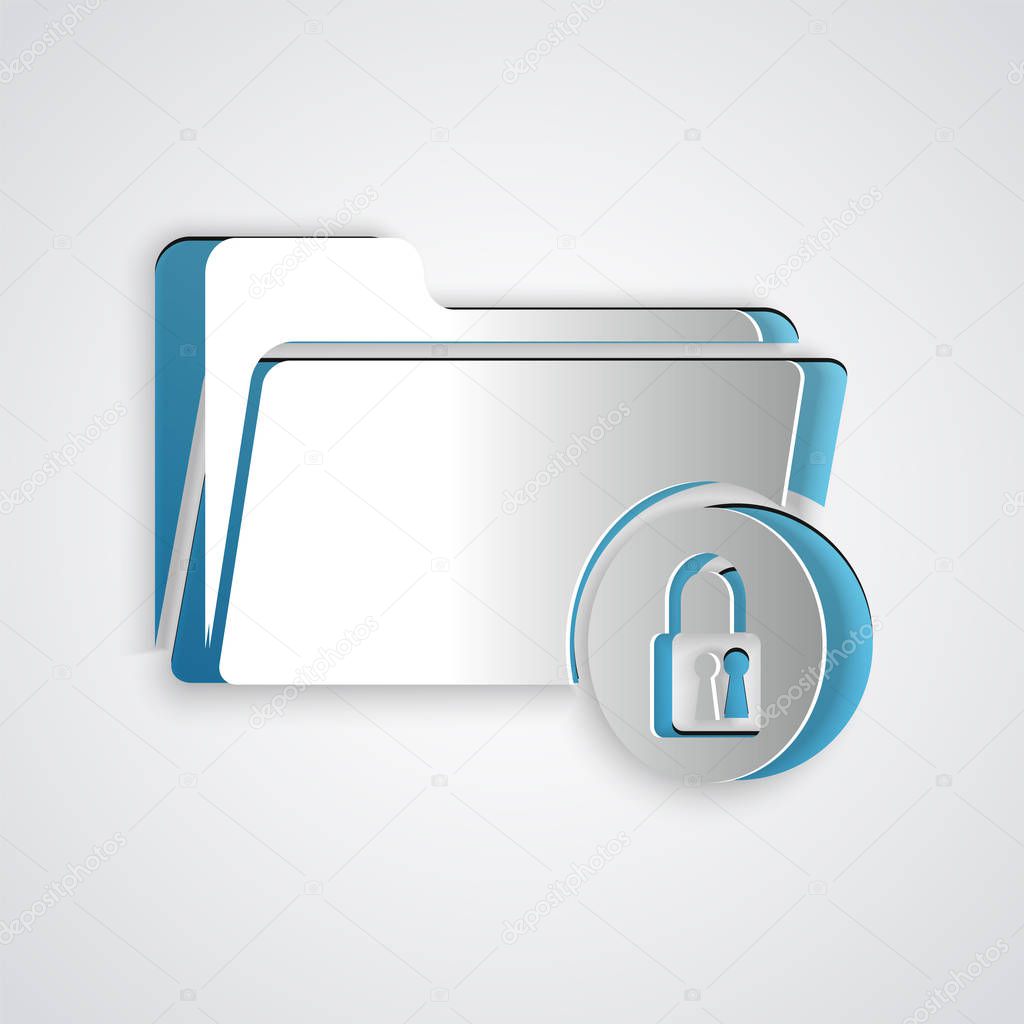 Paper cut Folder and lock icon isolated on grey background. Closed folder and padlock. Security, safety, protection concept. Paper art style. Vector Illustration