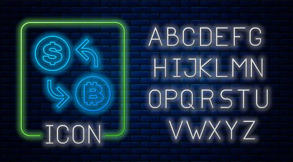 Gloeiende neon Cryptogeld uitwisseling pictogram geïsoleerd op bakstenen muur achtergrond. Bitcoin naar dollar Exchange icoon. Cryptocurrency-technologie, mobiel bankieren. Neon licht alfabet. Vector illustratie — Stockvector