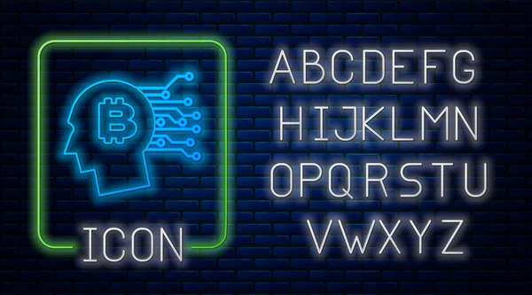 Illuminante al neon Bitcoin pensare icona su sfondo muro di mattoni. Testa di criptovaluta. Tecnologia Blockchain, bitcoin, mercato monetario digitale, portafoglio cryptocoin. Alfabeto della luce al neon. Illustrazione vettoriale — Vettoriale Stock