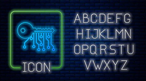 Zářící ikona klíče v neonové Kryptoměně izolovaná na pozadí cihlové zdi. Koncept kybernetického zabezpečení nebo soukromého klíče, digitálního klíče s technologickým rozhraním. Neonová lehká abeceda. Vektorová ilustrace — Stockový vektor