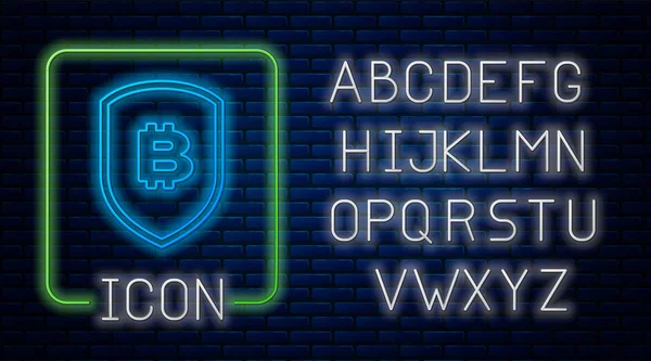 Brillante escudo de neón con icono de bitcoin aislado en el fondo de la pared de ladrillo. Minería criptomoneda, tecnología blockchain, seguridad, protección, dinero digital. Alfabeto de luz de neón. Ilustración vectorial — Archivo Imágenes Vectoriales