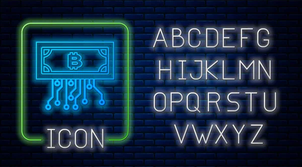 Сяючий неоновий криптовалютний біткоїн в колі з піктограмою мікросхеми, ізольований на фоні цегляної стіни. Блокчейн-технології, ринок цифрових грошей. Неоновий легкий алфавіт. Векторна ілюстрація — стоковий вектор