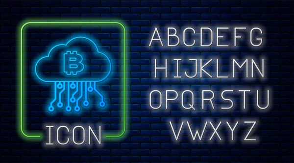 Zářící ikona důlního mraku neonové na cihlové stěně. Blořetězová technologie, bitmince, digitální peněžní trh, kryptotrminová peněženka. Neonová lehká abeceda. Vektorová ilustrace — Stockový vektor