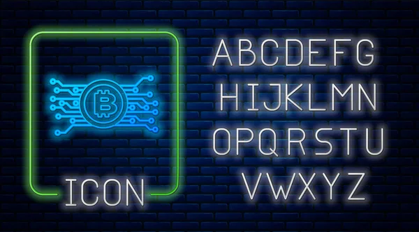 Lumineux néon Crypto-monnaie Bitcoin en cercle avec icône de circuit de micropuce isolé sur fond de mur de briques. Technologie blockchain, marché monétaire numérique. Alphabet néon. Illustration vectorielle — Image vectorielle