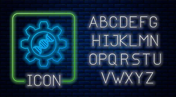 Ícone de engenharia genética brilhante néon isolado no fundo da parede de tijolo. Análise de ADN, testes genéticos, clonagem, testes de paternidade. Alfabeto claro de néon. Ilustração vetorial —  Vetores de Stock