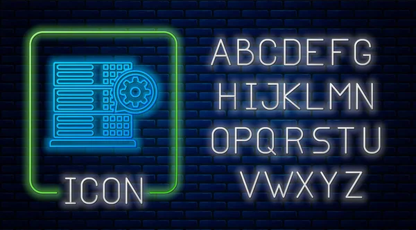 Leuchtender Neon-Server und Getriebe-Symbol isoliert auf Backsteinwand Hintergrund. Anpassung App, Servicekonzept, Einstellungsmöglichkeiten, Wartung, Reparatur, Reparatur. Neonlicht-Alphabet. Vektorillustration — Stockvektor