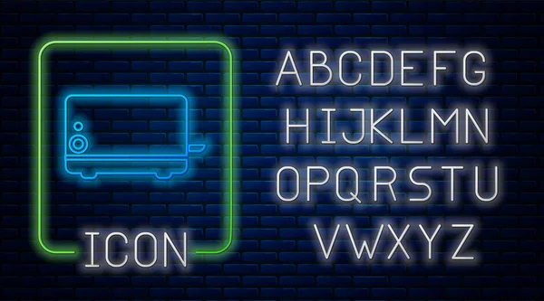 Glowing neon Toaster icon isolated on brick wall background. Neon light alphabet. Vector Illustration — Stock Vector