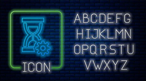 Lysende neontimeglass og gipsikon isolert på murveggens bakgrunn. Tidshåndteringssymbol. Klokke og girikon. Produktivitetssymbol. Neon light-alfabetet. Vektorbelysning – stockvektor