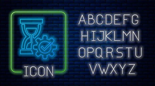 Parlayan neon Kum Saati ve dişli simgesi tuğla duvar arka plan izole. Zaman Yönetimi sembolü. Saat ve vites simgesi. Verimlilik sembolü. Neon ışık alfabesi. Vektör İllüstrasyonu — Stok Vektör