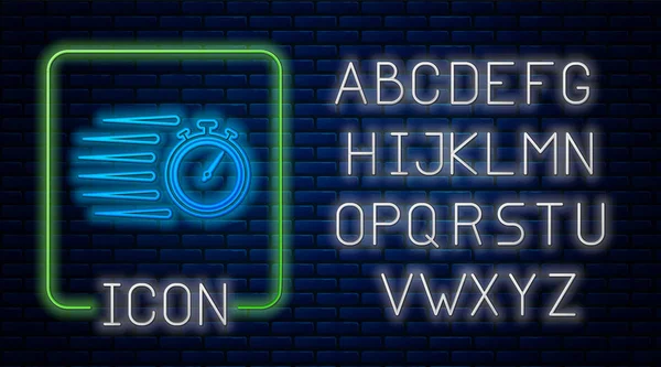 Leuchtende Neon-Stoppuhr-Symbol isoliert auf Backsteinwand Hintergrund. Zeitzeichen. Chronometerzeichen. Neonlicht-Alphabet. Vektorillustration — Stockvektor