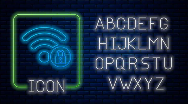 Λαμπερό νέον Wi-Fi κλειδωμένο εικονίδιο απομονώνεται σε φόντο τοίχου τούβλο. Κωδικό πρόσβασης Wi-Fi σύμβολο. Εικονίδιο ασύρματου δικτύου. Ζώνη WiFi. Ανοιχτό αλφάβητο νέον. Απεικόνιση διανυσματικών φορέων — Διανυσματικό Αρχείο