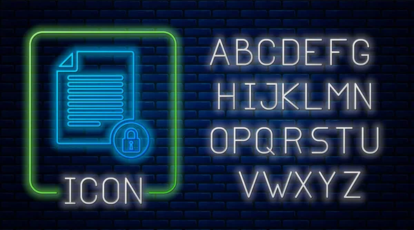 Néon brilhante Documento e ícone de bloqueio isolado no fundo da parede de tijolo. Formato de arquivo e cadeado. Segurança, segurança, proteção conceito. Alfabeto claro de néon. Ilustração vetorial —  Vetores de Stock