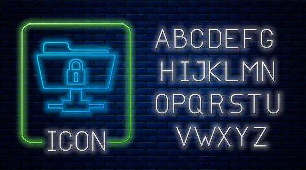 Parlayan neon Ftp klasörü ve tuğla duvar arka plan üzerinde kilit simgesi. Yazılım güncelleme kavramı, ftp transfer protokolü. Güvenlik, güvenlik, koruma konsepti. Neon ışık alfabesi. Vektör İllüstrasyonu — Stok Vektör