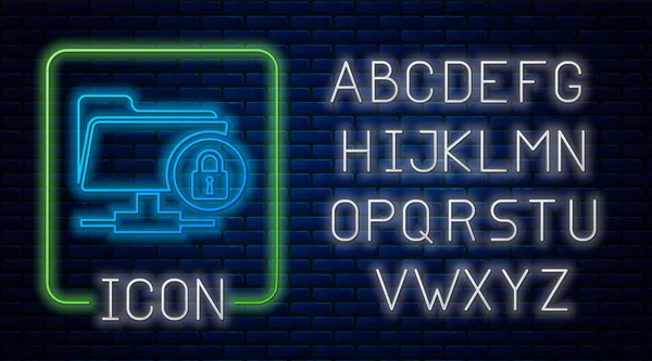 Ragyogó Neon FTP mappát, és zár ikon téglafal háttérben. Koncepció a szoftverfrissítés, FTP átviteli protokoll. Biztonság, biztonság, védelmi koncepció. Neonfény ábécé. Vektoros illusztráció — Stock Vector