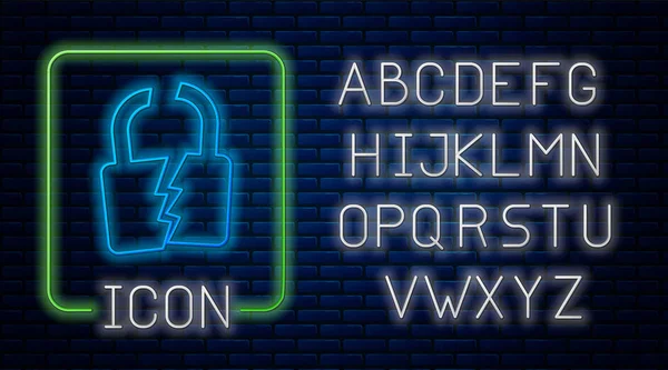 Leuchtende Neon gebrochen oder geknackt Schloss Symbol isoliert auf Backstein-Wand Hintergrund. Zeichen entsperren. Neonlicht-Alphabet. Vektorillustration — Stockvektor