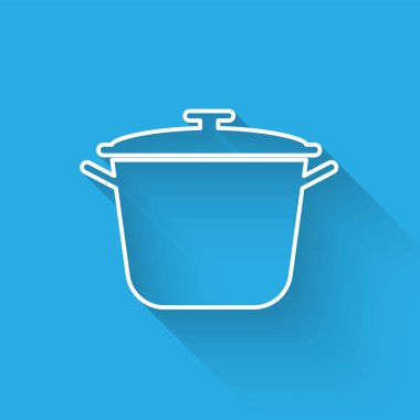 Beyaz çizgi tencere ikonu uzun gölgeli izole edilmiş. Haşlama ya da güveç besin sembolü. Vektör İllüstrasyonu