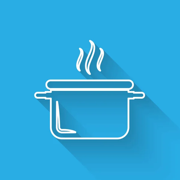 Línea blanca Icono de olla de cocina aislado con sombra larga. Hervir o guisar el símbolo de la comida. Ilustración vectorial — Vector de stock
