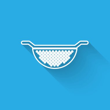 Beyaz çizgi Mutfak süzgeci ikonu uzun gölgeli izole edilmiş. Mutfak aletleri. Çatal bıçak seti. Vektör İllüstrasyonu