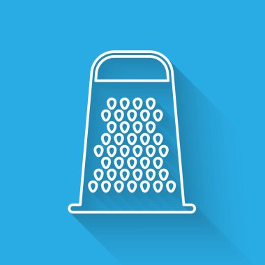 Beyaz çizgi Grater simgesi uzun gölgeli izole edilmiş. Mutfak sembolü. Mutfak aletleri. Çatal bıçak seti. Vektör İllüstrasyonu