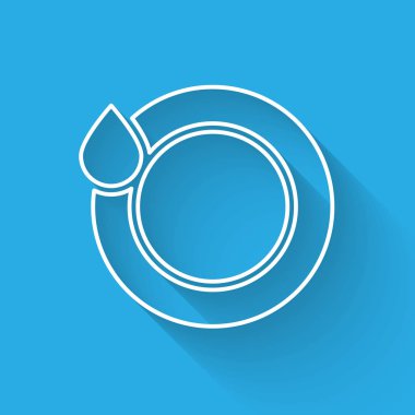 Beyaz çizgi Yıkama yemekleri simgesi uzun gölge ile izole. Tabak ve sünger. Temizlik bulaşıkları simgesi. Bulaşık makinesi tabelası. Masa takımı işaretini temizleyin. Vektör İllüstrasyonu