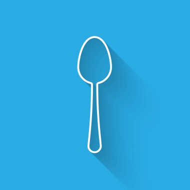 Beyaz çizgi Kaşık simgesi uzun gölge ile izole. Pişirme aleti. Çatal bıçak takımı işareti. Vektör İllüstrasyonu