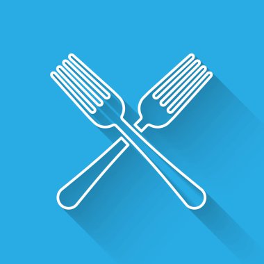 Beyaz çizgi Uzun gölge ile izole çatal simgesi geçti. Çatal bıçak takımı sembolü. Vektör İllüstrasyonu
