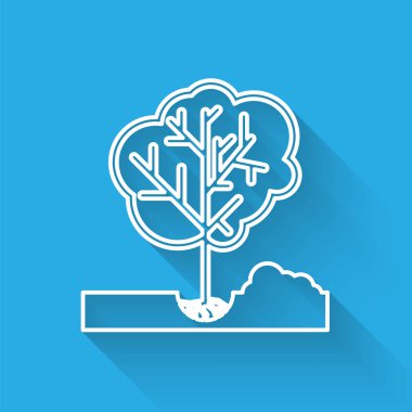 Beyaz çizgi Uzun gölge ile izole zemin simgesine bir ağaç dikme. Bahçıvanlık, tarım, çevreye bakmak. Vektör İllüstrasyonu