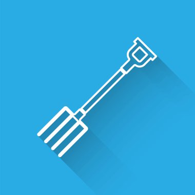 Beyaz çizgi Bahçe pitchfork simgesi uzun gölge ile izole. Bahçe çatal işareti. Bahçecilik, tarım, tarım için bir araç. Vektör İllüstrasyonu