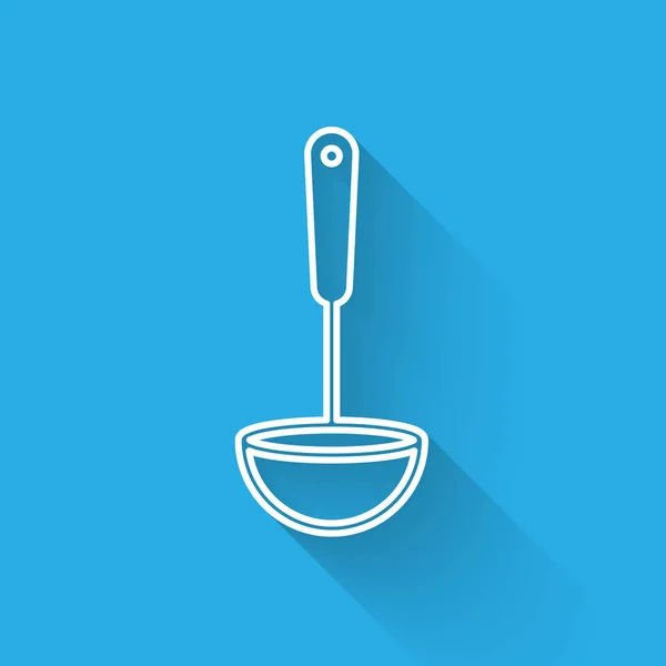 Ligne blanche icône louche de cuisine isolé avec une ombre longue. Ustensiles de cuisine. Panneau de cuillère à couverts. Illustration vectorielle — Image vectorielle