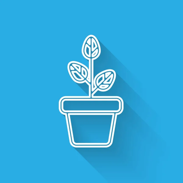 Witte lijn bloemen in pot pictogram geïsoleerd met lange schaduw. Plant groeit in een pot. Ingegoten plant teken. Vector illustratie — Stockvector