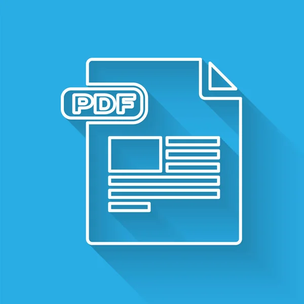 Witte lijn PDF-bestand document. Download PDF knop icoon geïsoleerd met lange schaduw. PDF-bestand symbool. Vector illustratie — Stockvector