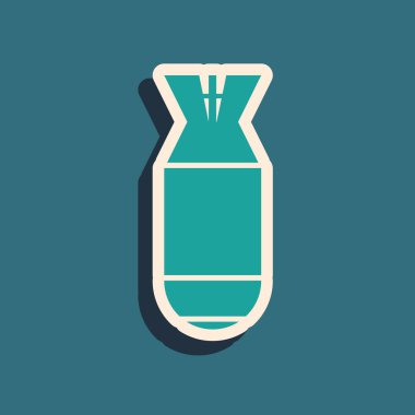 Yeşil Havacılık bomba simgesi mavi arka plan üzerinde izole. Roket bombası düşüyor. Uzun gölge stili. Vektör İllüstrasyonu