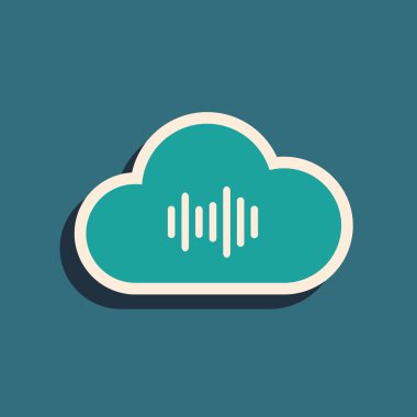 Mavi arka planda yalıtılmış Yeşil Müzik akış hizmeti simgesi. Ses bulut bilgi işlem, online medya akışı, online şarkı, ses dalgası. Uzun gölge stili. Vektör İllüstrasyonu
