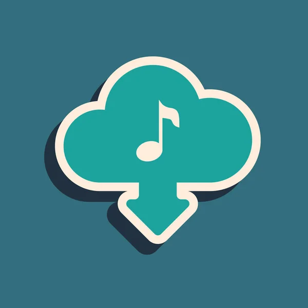 Green Cloud baixar ícone de música isolada no fundo azul. Serviço de streaming de música, computação em nuvem de som, streaming de mídia online, onda de áudio. Estilo de sombra longo. Ilustração vetorial — Vetor de Stock