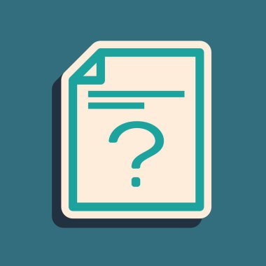 Mavi arka planda yalıtılmış Yeşil Bilinmeyen belge simgesi. Soru işareti içeren dosya. Raporu, hizmeti ve genel arama işaretini tutun. Uzun gölge stili. Vektör İllüstrasyonu